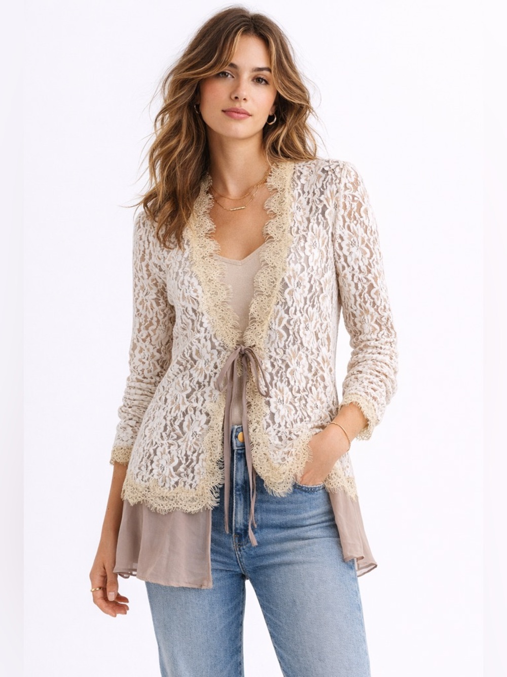 A’reve Lace Tie Front Cardigan Boho Sheer Crochet Duster Top L Romantic Fairy